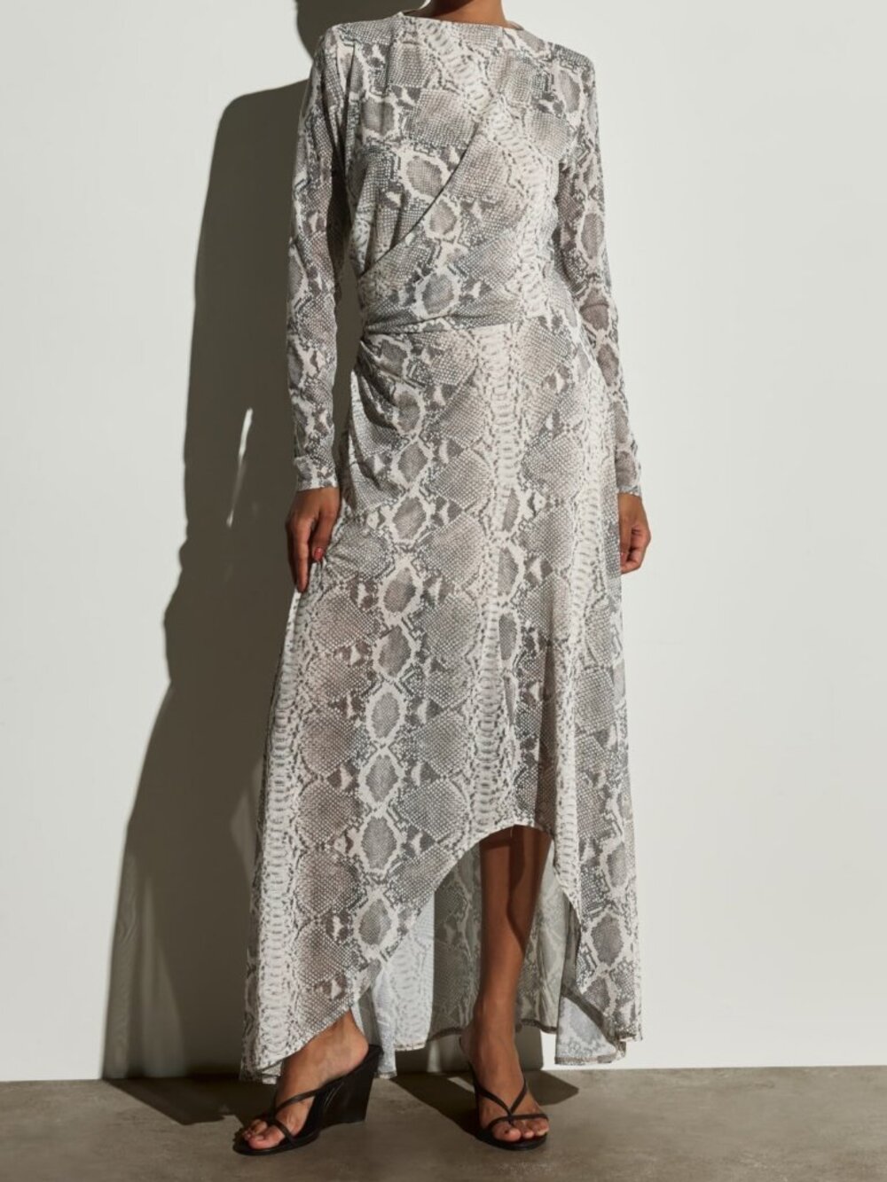 Gray Preppy Women's Snake Print Ruched Long Sleeve Maxi Dress